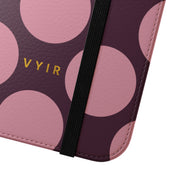 iPhone 16 Pro Max Vegan Leather Wallet Case – Pink Plum Polka Dot Design - VYIR