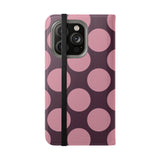 iPhone 14 Pro-plånboksfodral i veganskt läder – design med rosa plommon och Polka Dot