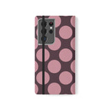 Samsung Galaxy S21 Ultra Plånboksfodral i veganskt läder – Pink Plum Polka Dot Design
