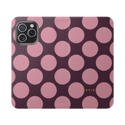 iPhone 15 Pro Max Vegan Leather Wallet Case – Pink Plum Polka Dot Design - VYIR