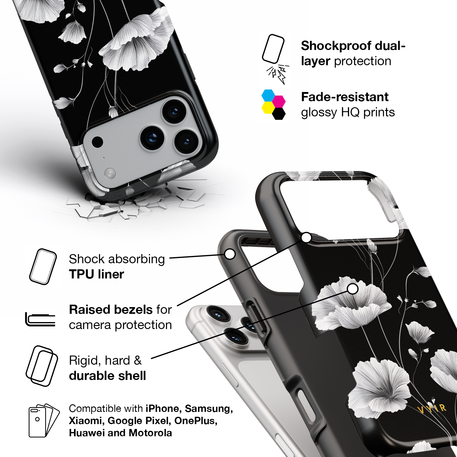 Elegant Inked Blossoms - Shockproof Phone Case - VYIR