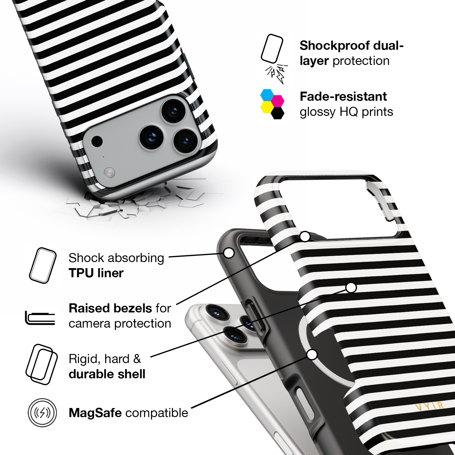 Horizontal Stripes, Pinstripe Black and White - Shockproof MagSafe iPhone Case - VYIR
