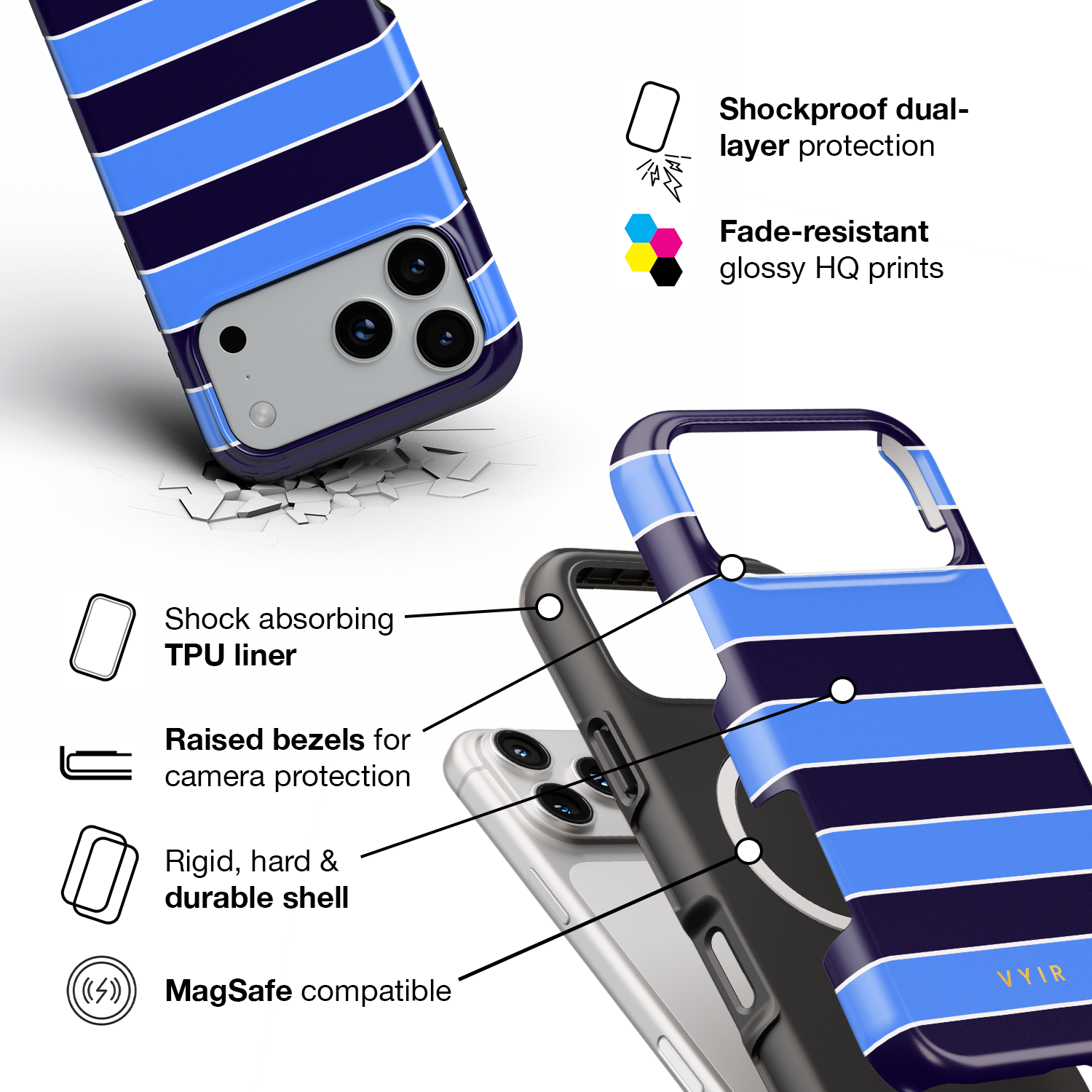 Horizontal Stripes, Rivoli Blue - Shockproof MagSafe iPhone Case - VYIR