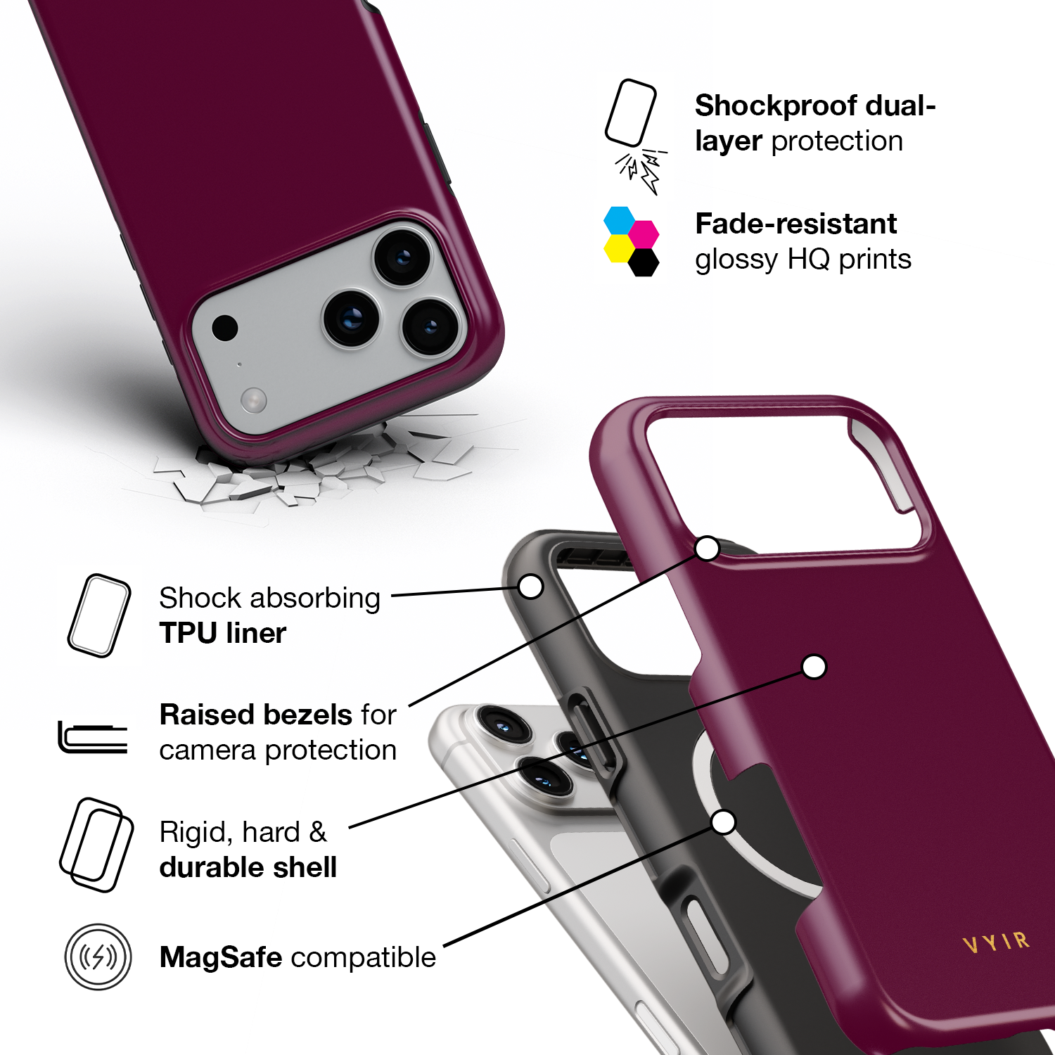 VYIR Signature Solid Colors, Burgundy - Shockproof MagSafe iPhone Case - VYIR